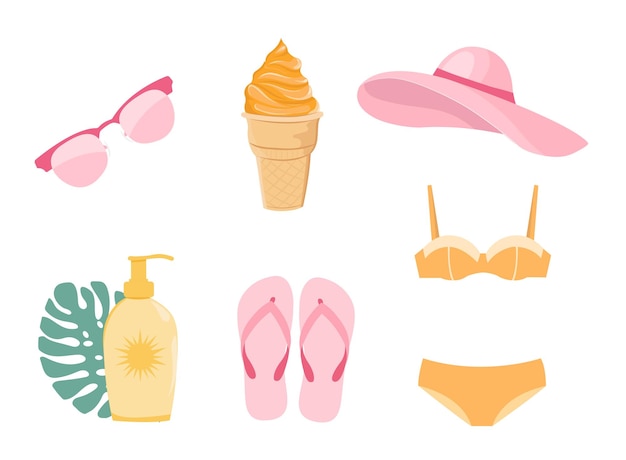 Set con artículos para la playa. Ilustración vectorial de verano.