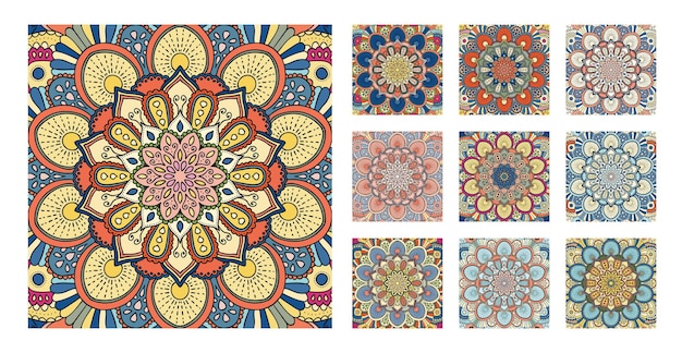 Set de azulejos con patrón floral Ornamento floral intrincado Elemento decorativo redondo de forma cuadrada Un diseño de color diferente Para el piso de la pared Invitación de tarjetas de felicitación interiores Fondo vectorial