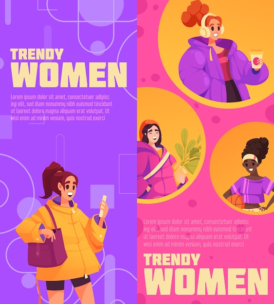 Set de banderas de dibujos animados planos dibujados a mano por mujeres de moda