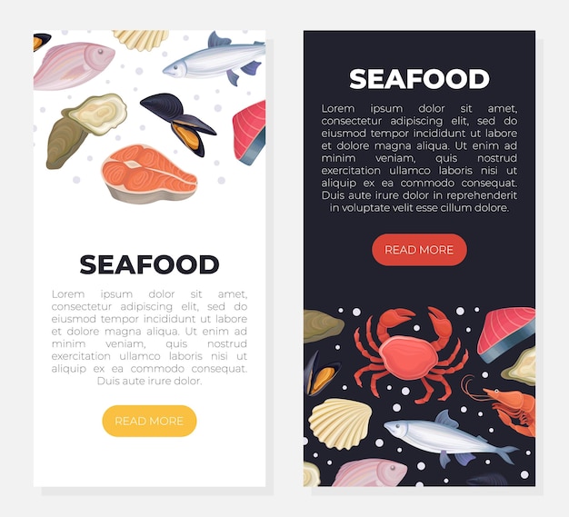 Set de banners web de mariscos Productos marinos orgánicos frescos Página de aterrizaje plantilla de aplicación móvil Ilustración vectorial