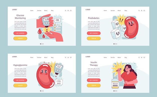 Set de banners web o páginas de aterrizaje para la diabetes que miden el azúcar en la sangre con monitoreo de glucosa con glucómetro