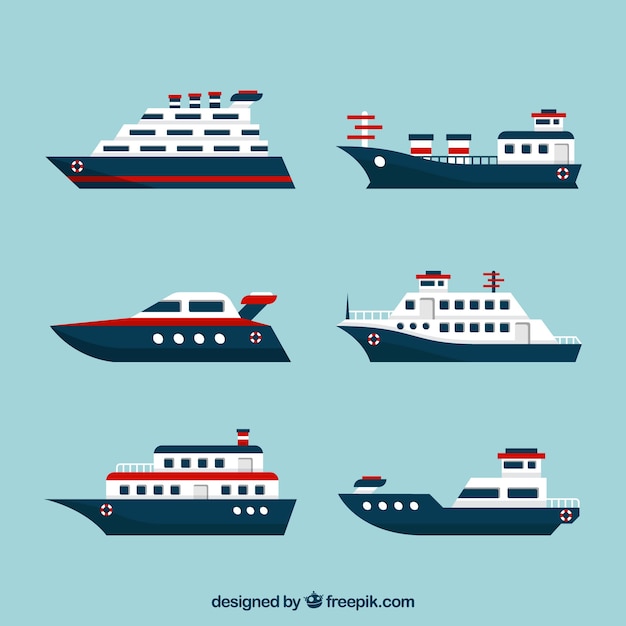 Vector set de barcos planos con elementos rojos