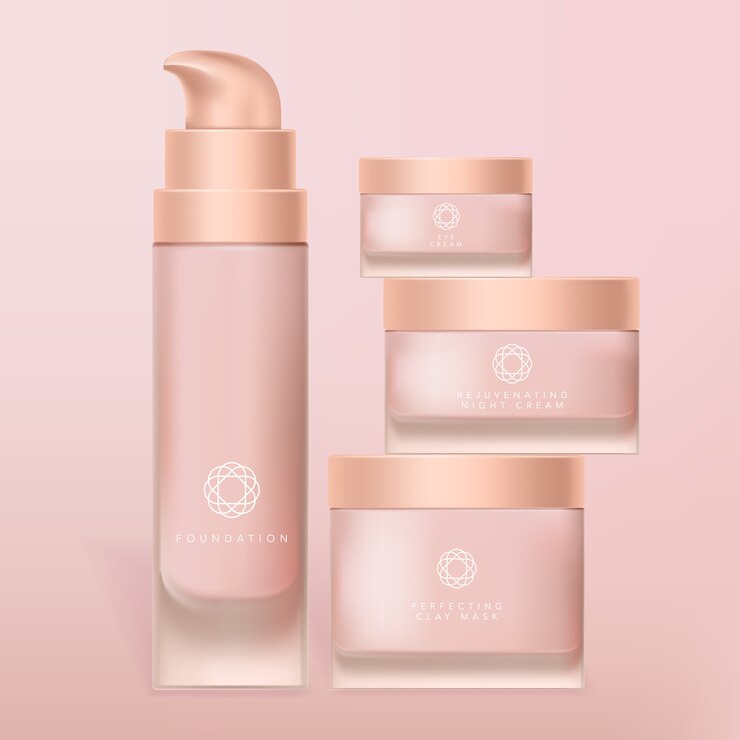 Set de base, crema y mascarilla de vidrio esmerilado o frasco de plástico y botella de bomba