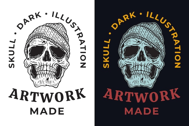 Set beanie hat Ilustración oscura Cráneo Huesos Cabeza Dibujado a mano Eclosión Esquema Símbolo Tatuaje Mercancía Camiseta Merch vintage