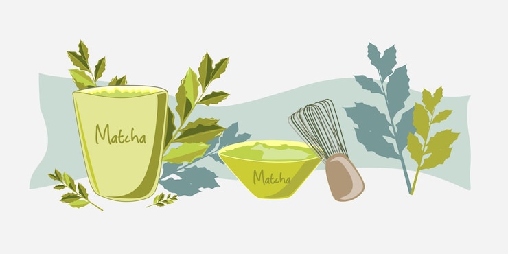 Vector un set para beber cerillas cuenco para batir hojas y polvo de matcha