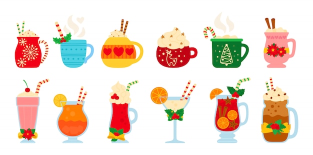 Set de bebidas calientes de Navidad. Dibujos animados planos diferentes bebidas. Bebidas de año nuevo. Tazas lindas chocolate caliente, café, leche, crema y vino caliente