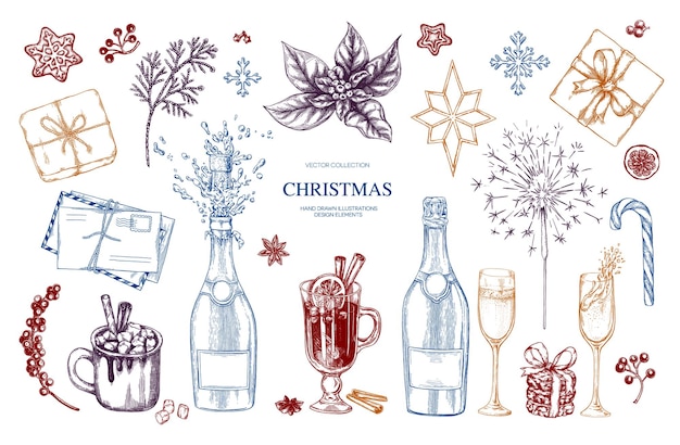 Set de bebidas navideñas champán chocolate caliente vino caliente carta galleta vector dibujado a mano