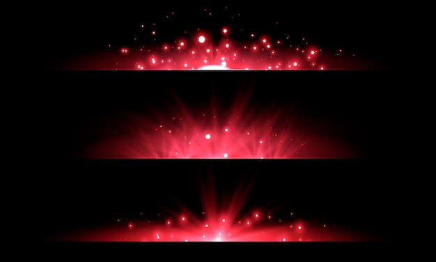 Vector set de bengalas horizontales rojas bengala ligera con rayos o foco verde efecto de luz de bengalas brillantes