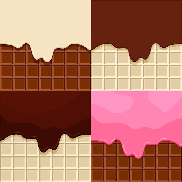 Set de bombones o crema de cacao derretida sobre barra de chocolate. Plantilla o maqueta de helado dulce. Vector