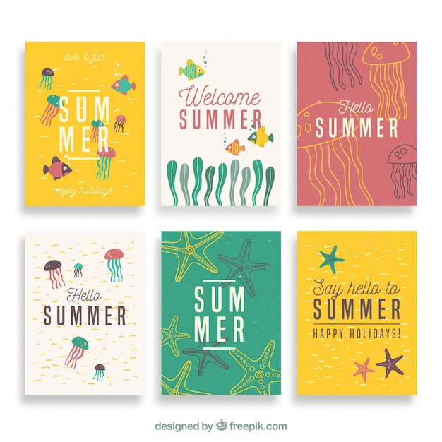 Vector set de bonitas tarjetas de verano dibujadas a mano