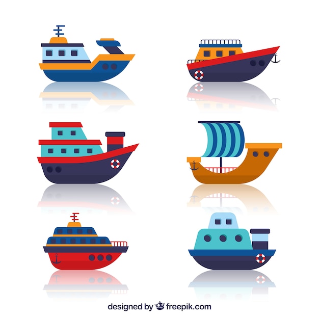 Vector set de bonitos barcos en diseño plano