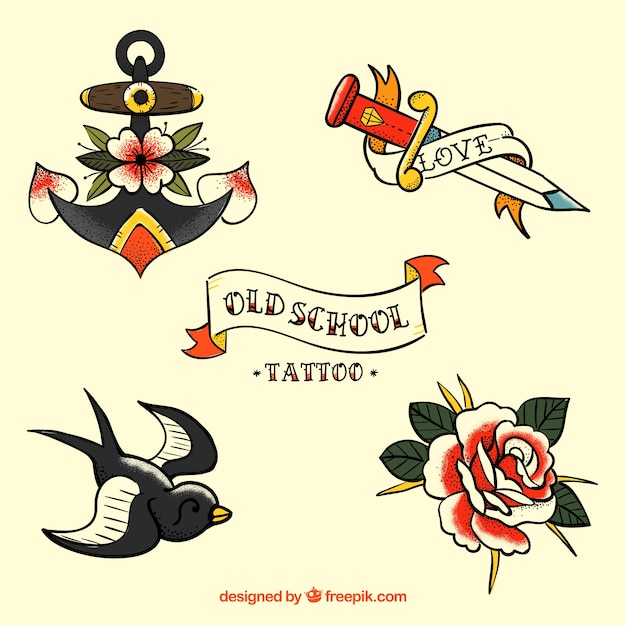 Vector set de bonitos tatuajes retro dibujados a mano