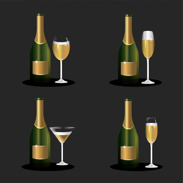 Set botella de champagne con copa para celebrar año nuevo.