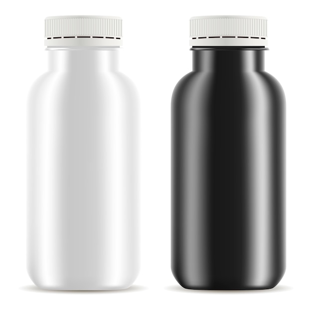 Set de botellas de yogur de plástico. Maqueta de envase de comida