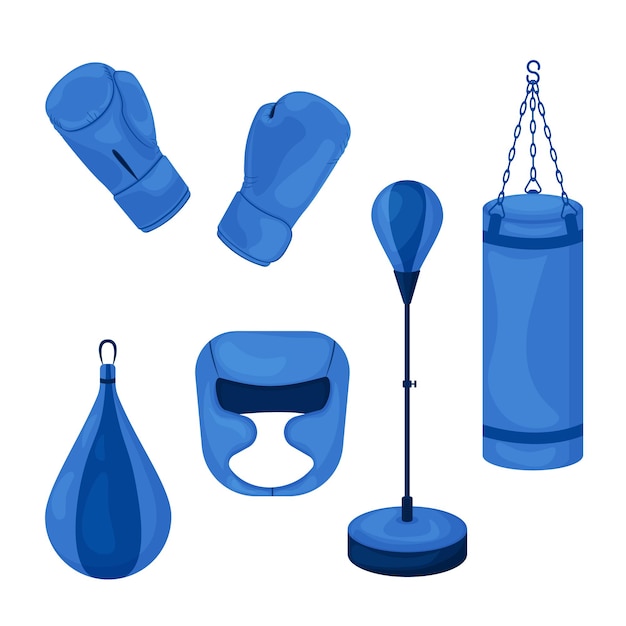 Un set de boxeo azul compuesto por un saco de boxeo, guantes para artes marciales y un casco protector para boxeo y kickboxing. Equipo de deporte. Equipo para artes marciales Ilustración vectorial