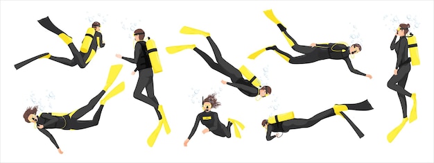 Set de buceo conjunto de buzos femeninos y masculinos en varias posiciones isolados en fondo blanco ilustración vectorial