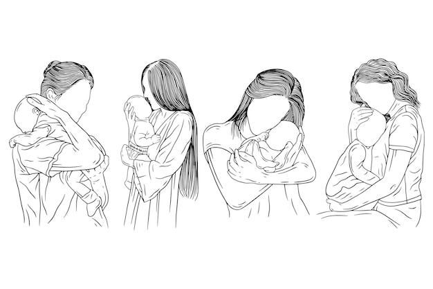 Set Bundle Cute Mother and Baby Born Happy Family Mamá y niños mujeres empoderan bebé línea de nacimiento arte estilo dibujado a mano