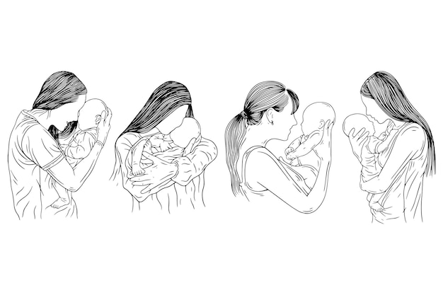 Set bundle cute mother and baby born happy family mamá y niños mujeres empoderan bebé línea de nacimiento arte estilo dibujado a mano