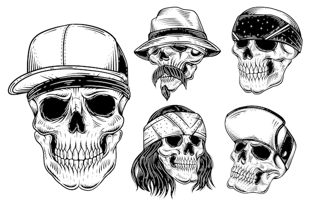 Set bundle dark art skull rider bikers retro vintage tattoo casco motocicleta estilo dibujado a mano ilustración