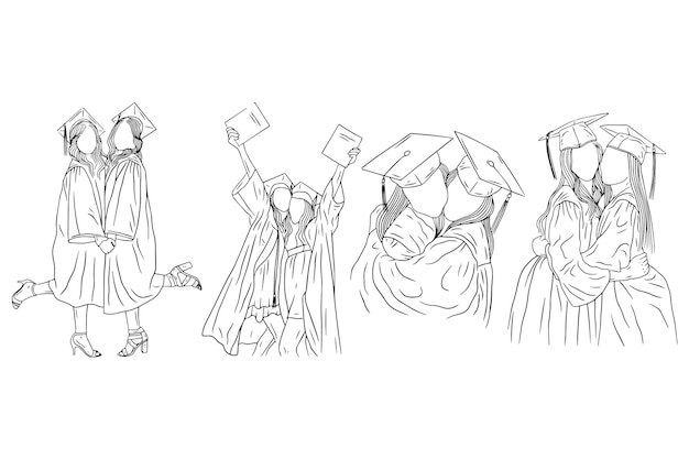 Set Bundle Happy Mejores amigos feliz graduación mujeres niñas universidad línea artes estilo dibujado a mano ilustración