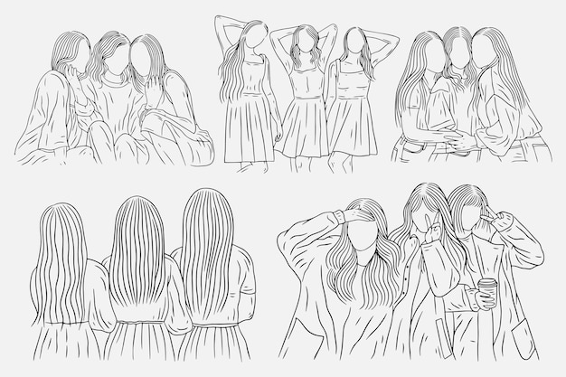 Set Bundle Happy Women and Girl Best Friend Group Line Art