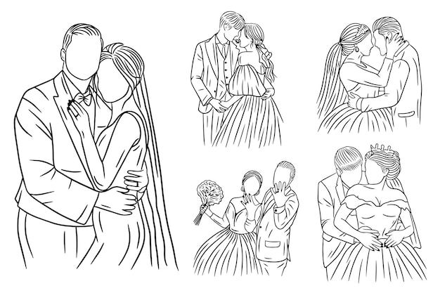 Set Bundle Line Art Drawing Simple Love Pareja Boda Feliz Dibujado a mano