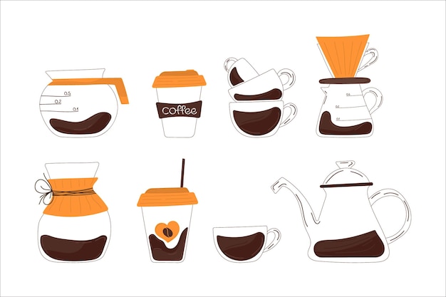 Set de café en un fondo aislado Letras de café Estilo plano Copas de café lindas chemex