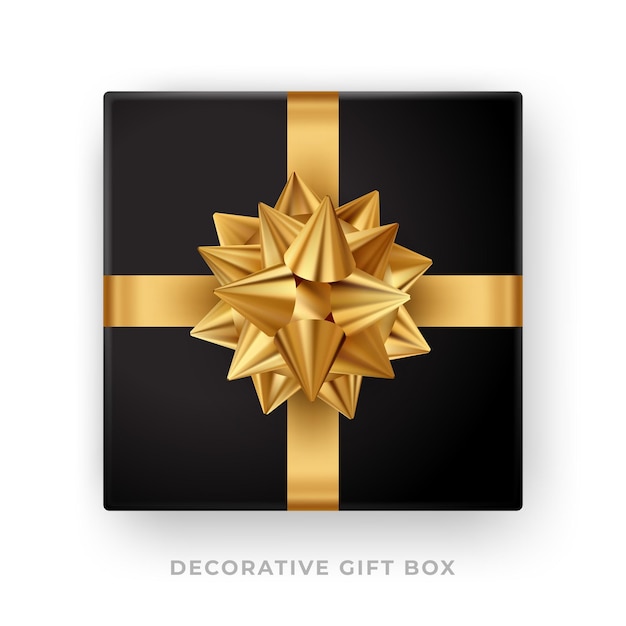 Set Caja de regalo negra decorativa con lazo dorado y cinta aislada sobre fondo blanco Vista superior Ilustración vectorial