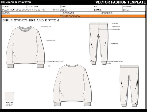 SET de camiseta de chicas y pijama de fondo CAD EDITABLE plana técnica de la moda dibujo vectorial