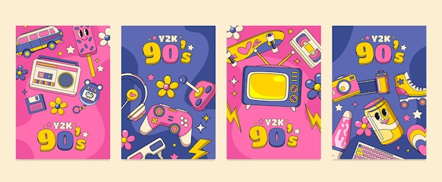 Set de cartas dibujadas a mano de los elementos de los años 90 de Y2K