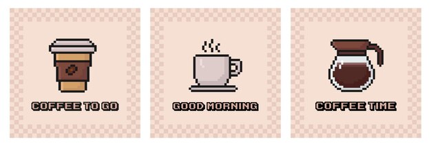 Set de carteles de arte de píxeles de café de los años 80 y 90 estilo juego de arcade taza de café taza de taza postal nostalgia