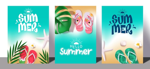 Set de carteles de clipart de verano de texto de verano en fondo de playa tropical con impreso