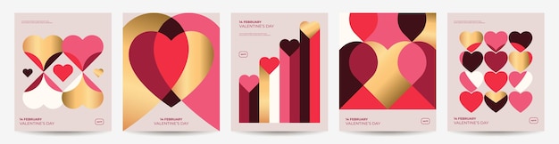 Set de carteles para el Día de San Valentín, portada de tarjetas de felicitación, etiquetas, plantillas de promoción de ventas, patrones geométricos