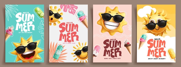 Set de carteles de felicitaciones de verano con clip art con gafas de sol