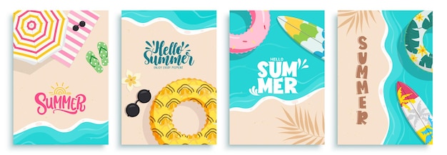 Set de carteles de felicitaciones de verano en la playa de la orilla del mar vista superior colección de arte de clips