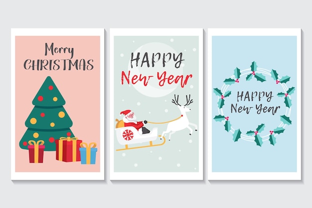 Set de carteles de feliz año nuevo en diseño de dibujos animados planos Tres carteles con imágenes de años nuevos mágicos