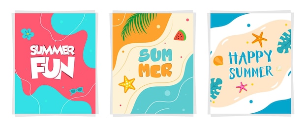 Set de carteles de verano brillantes con elementos tropicales y de playa