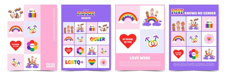 Vector set de celebración del mes del orgullo plantilla de diseño colorido lgbtq para la portada del cartel de felicitaciones