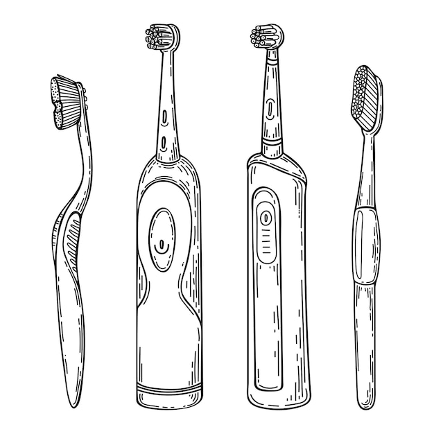 Vector set de cepillos de dientes de boceto dispositivos de higiene ilustración artística de líneas dibujadas a mano