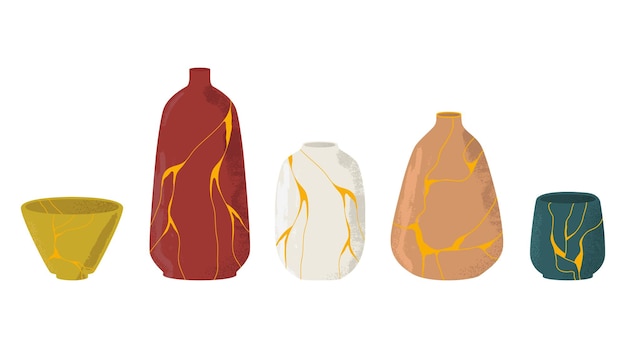 Vector set de cerámica kintsugi una colección de platos elaborados en técnica oriental con líneas doradas