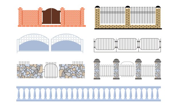 Vector set de cercas decorativas de madera, hierro forjado, ladrillo de piedra, cercas de vector ilustración