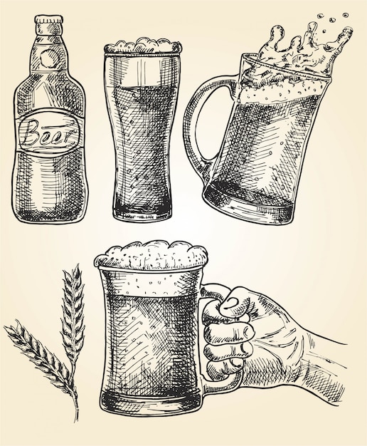 Vector set de cerveza ilustración de vector de vasos y taza, lúpulo, malta y botella. oktoberfest