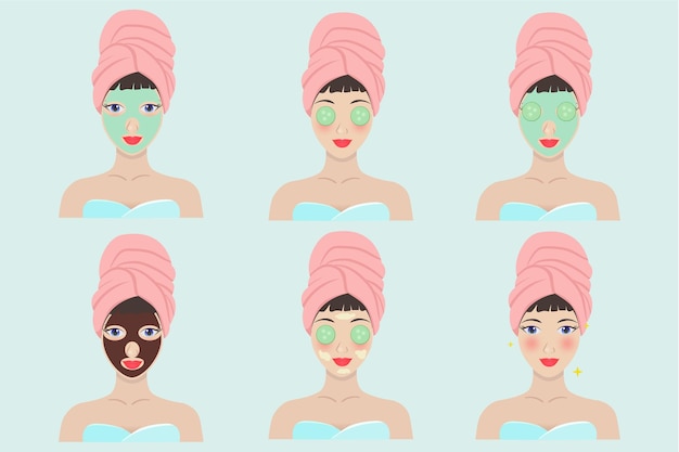 Vector set chica cuida y protege su rostro con mascarilla de pepino toalla negra