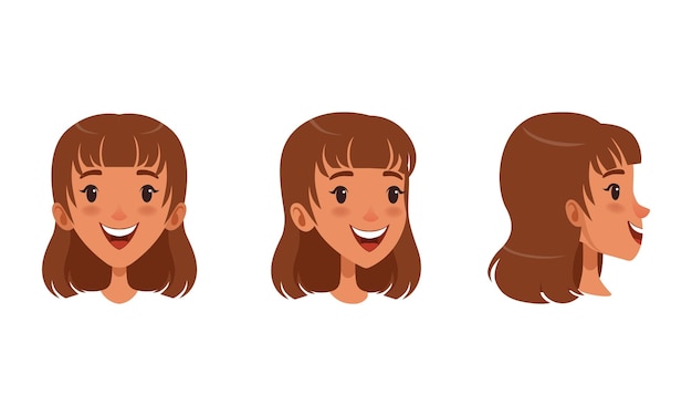 Vector set de chicas bonitas y alegres de cabello marrón vista diferente de la cara de la chica profilo delantero lado y vista de tres cuartos ilustración vectorial de estilo de dibujos animados