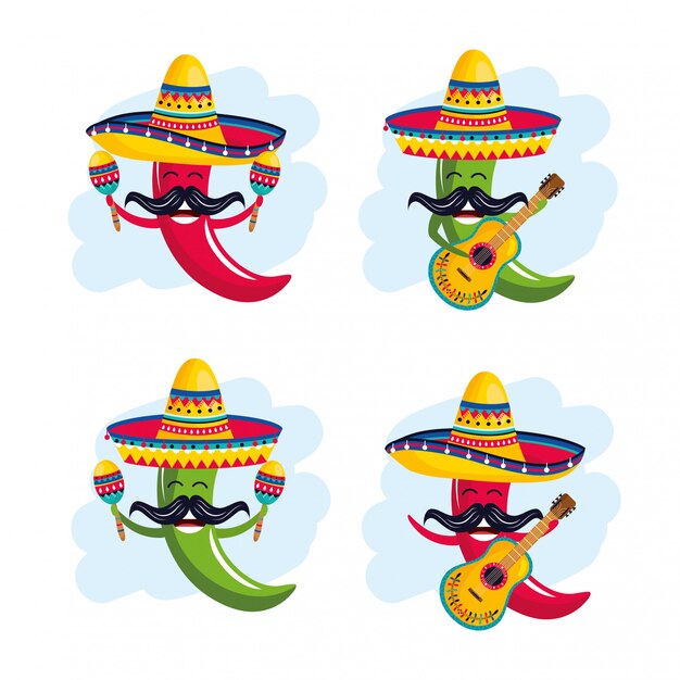 Set de chiles con sombrero con maracas y guitarra.