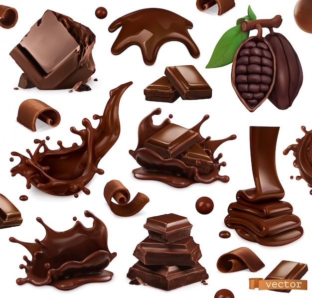 Set de chocolate. Salpicaduras, trozos y virutas de chocolate, cacao en grano. 3d realista Ilustración de comida