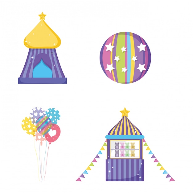 Vector set de circo big top con bola y tienda de juguetes