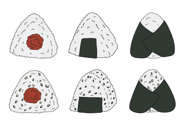 Set de clipart dibujado a mano en onigiri Comida rápida japonesa hecha de arroz Bola de arroz en algas nori