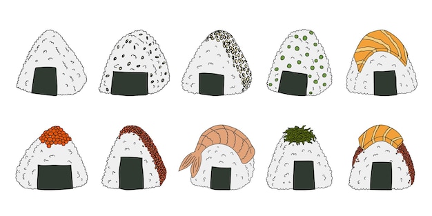 Set de clipart dibujado a mano en onigiri Comida rápida japonesa hecha de arroz Bola de arroz en algas nori