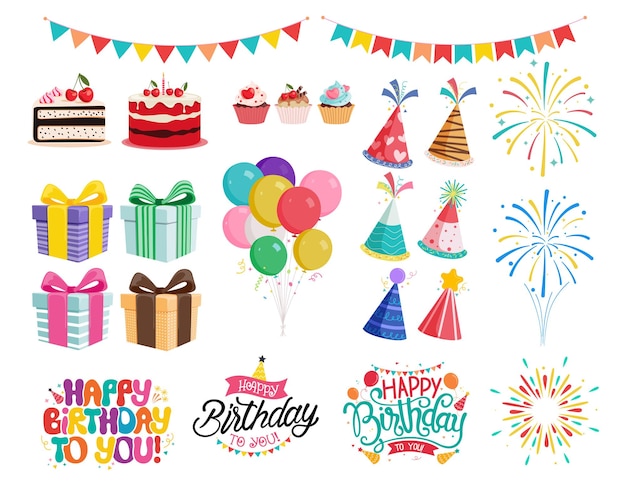 Set de clipart de elementos de la fiesta de cumpleaños Colorosa colección de elementos de clip art como bolos de pastel regalo